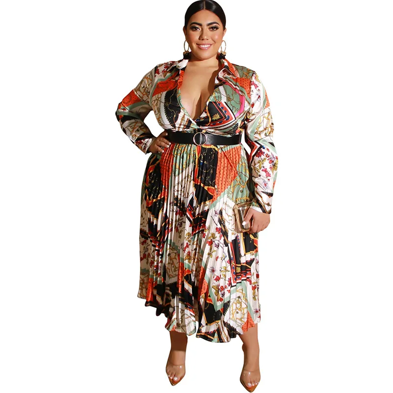 

Vestidos Mujer Verano 2021 Flower Printed Satin Pleat Dress Plus Size Casual Lady's Clothing Women Long Dress with Belt