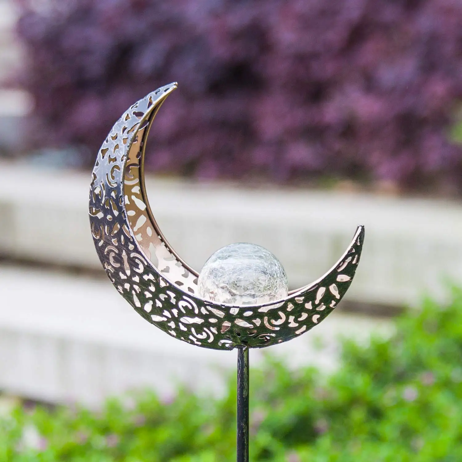 Antique Brass Hollow-Carved Metal Moon with Warm White Crackle Glass Globe Stake Lights Waterproof Outdoor for Lawn Patio Yard | Освещение