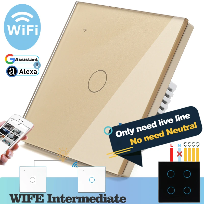 

(No need neutral) WIFI Touch Light Wall Switch Gold Glass Blue LED Smart Home Phone Control 1 Gang 2 Way Alexa Google Home