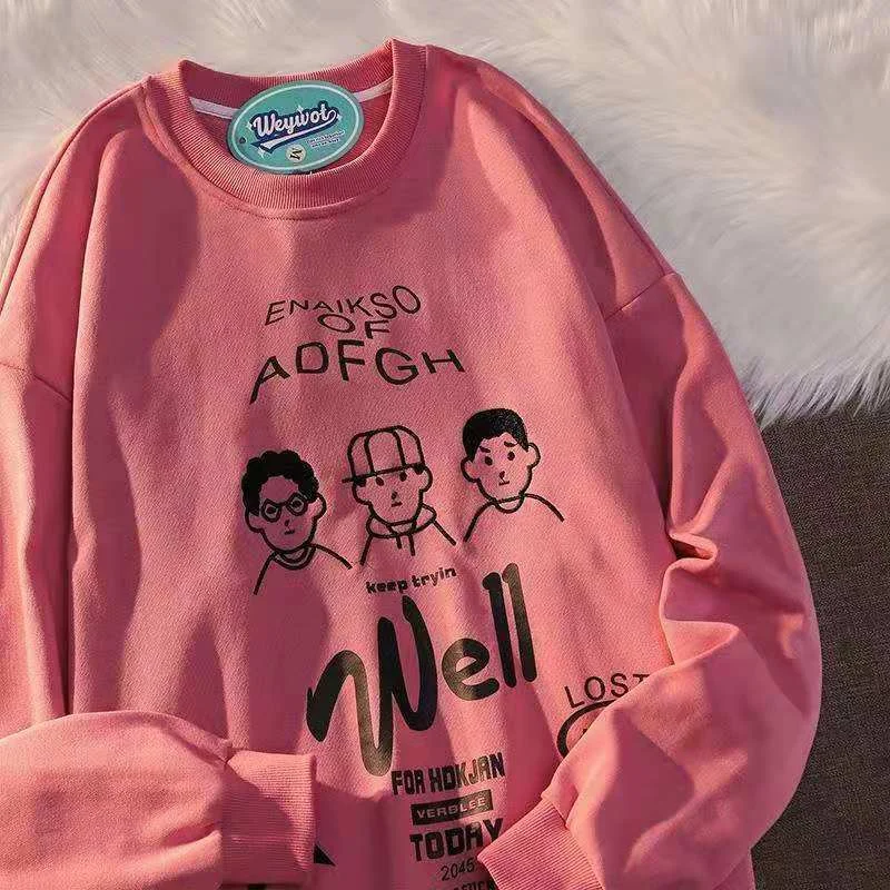 

White Cotton Cartoon Printing Loose Thin Sweatshirt Women Long Sleeve O Neck Casual High Street Student Harajuku Hoodie Autumn