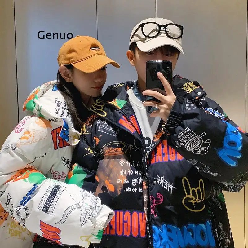 Down Cotton Jackets Hooded Men Thick Warm 2021 Graffiti Print Streetwear Winter Jacket Women Loose Oversize Coat