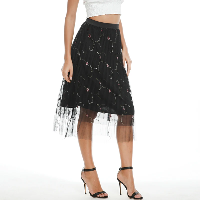 Summer Mesh Tulle Skirts for Women New Design High Waist Fashion Ladies Elegant Pleated Knee-Length Woman Empire Black Skirt
