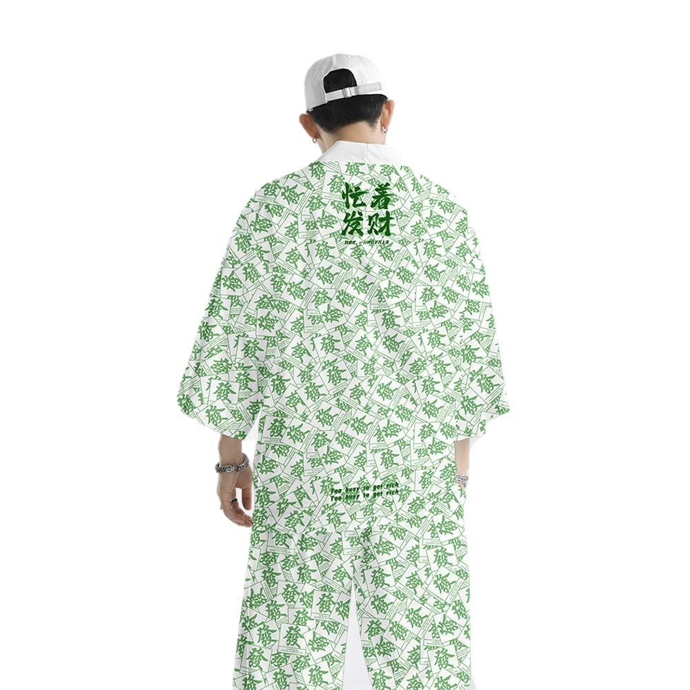 

Green Mahjong Print Beach Sets Fashion Japanese Kimono Cardigan Men Women Haori Asian National Style Robe Pant Suit