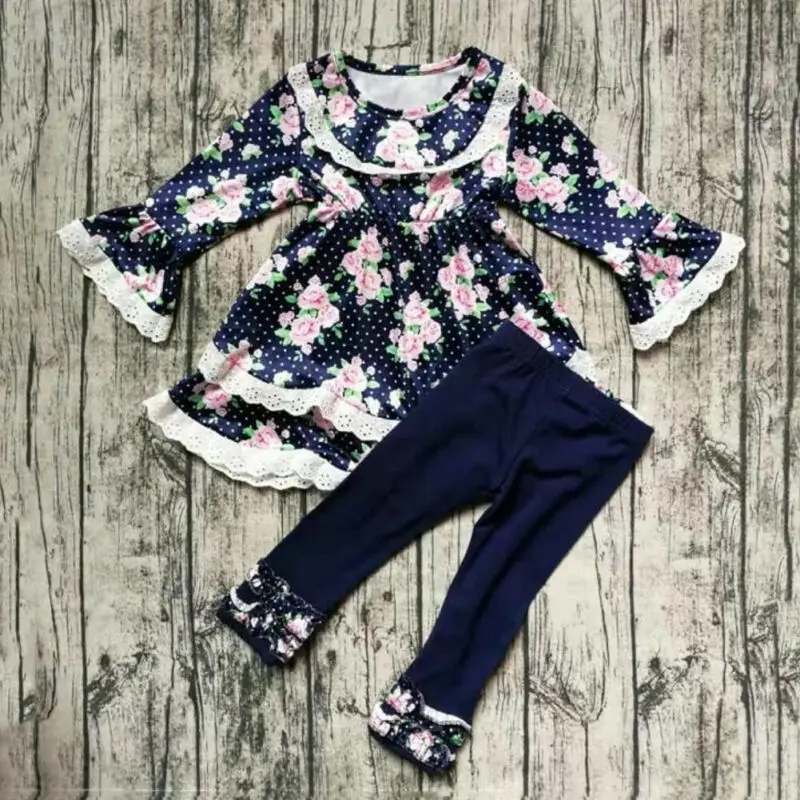 Детская одежда для маленьких девочек кружевной топ с цветами штаны леггинсы