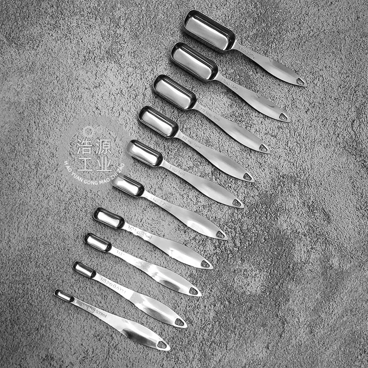 

New Style Full Stainless Steel Square Head Pointed Tail Measuring Spoon 10 Pieces with Measuring Bakery Kitchen diao wei shao Sp