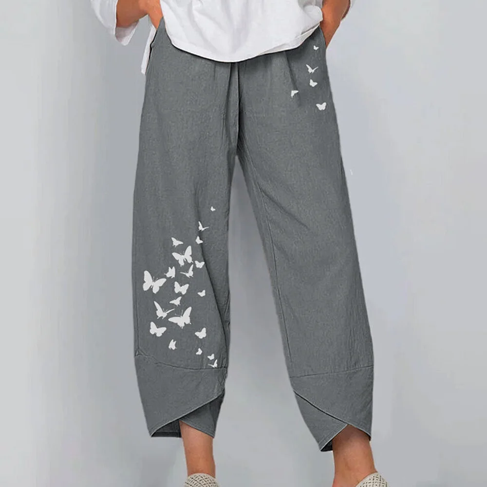 

Summer Women Vintage Casual Linen Pants Floral Printed Elastic Waist Wide Leg Pants Female Loose Trousers