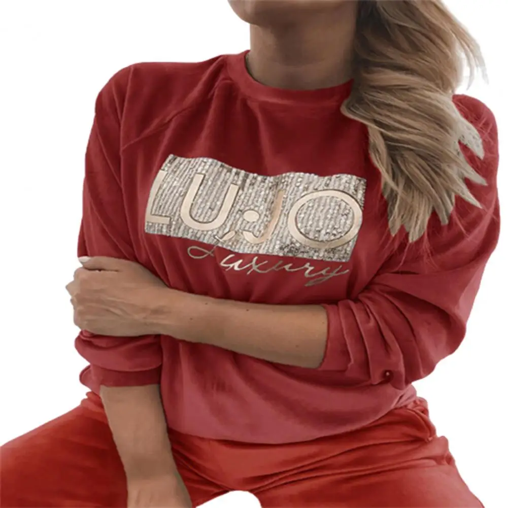 

Blouse Long Sleeve Warm Top Women Velvet Sequins Letters Print Sweatshirt for Autumn