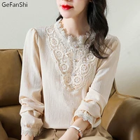 spring autumn blouse shirt women korean lace hollow out patchwork long sleeve elegant fashion blouses tops simple blusas