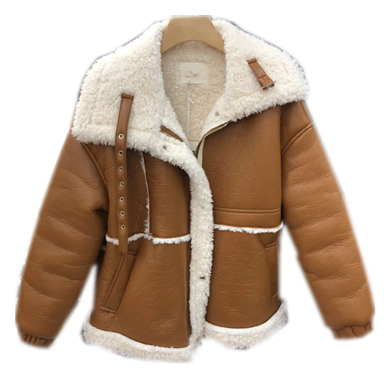 

2021 Fashion Winter Pu Leather Jacket Women Short New Loose Long Sleeve Thicken Warm StreetWear Harajuku Femme Coat Outwear M200