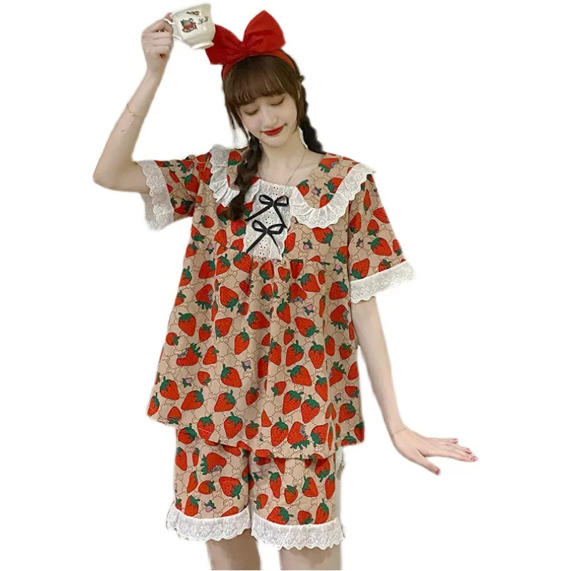 

Lace Shorts Pyjama Summer Pj Set Polyester Princess Nightwear Women's Pajamas Strawberry Print Sleepwear Comfort Lapel Home Wear