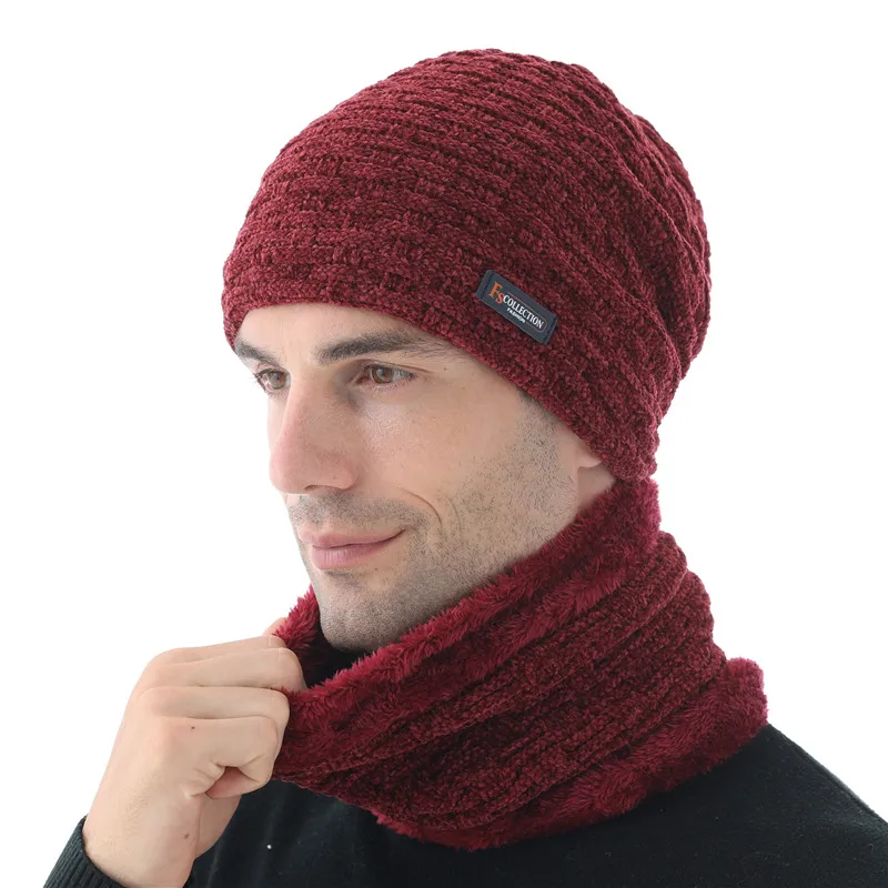 hat scarf set wine Xthree синель зимняя шапка для мужчин шапочки Skullies шляпа вязаная шапка шарф с подкладкой мужские шапочки зимние шапочки - Цвет: hat scarf set wine
