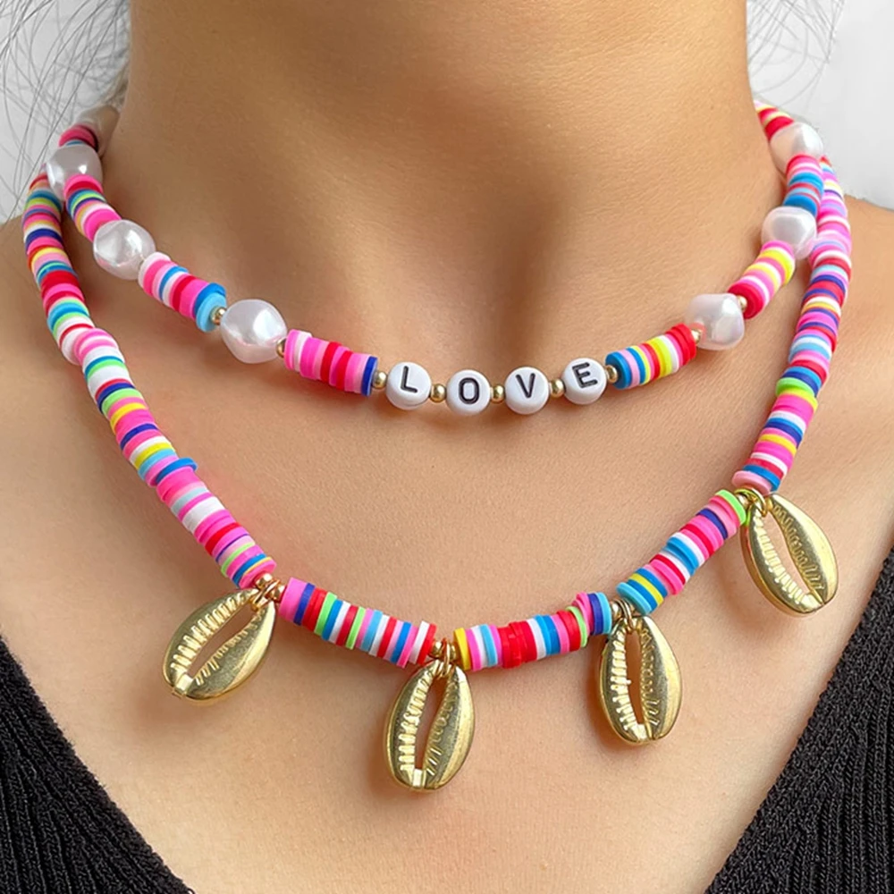 

Fashion Pink Clay Pearl Beaded Strand LOVE Letter Necklace For Women Boho Rainbow Polymer Clay Shell Choker Necklaces Jewelry