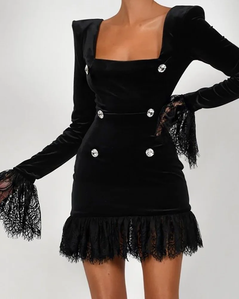 

Элегантное кружевное лоскутное мини-платье hirigin с пуговицами с бриллиантами, винтажное женское облегающее платье с квадратным вырезом и дл...