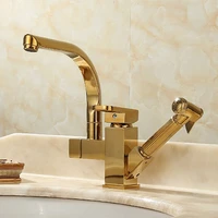 bathroom basin faucet hot cold solid brass sink mixer taps dual handle deck mounted with spray gun rotating kitchen gold