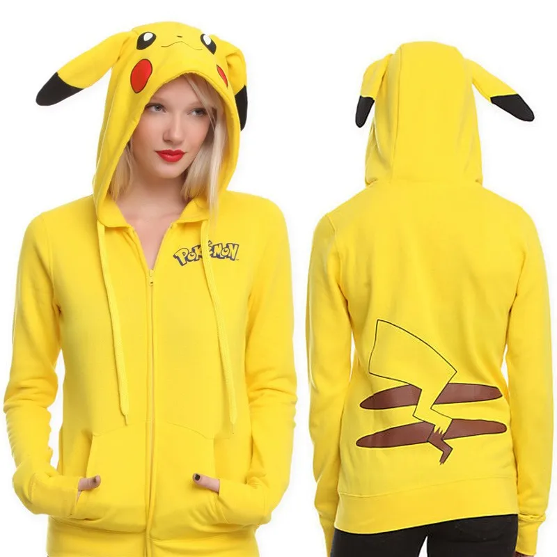 

HZVZ 2021 Autumn and Winter New Pure Yellow Women's Jacket Cartoon Pikachu Loose Cardigan Hooded Long-sleeved Pullover Sweater