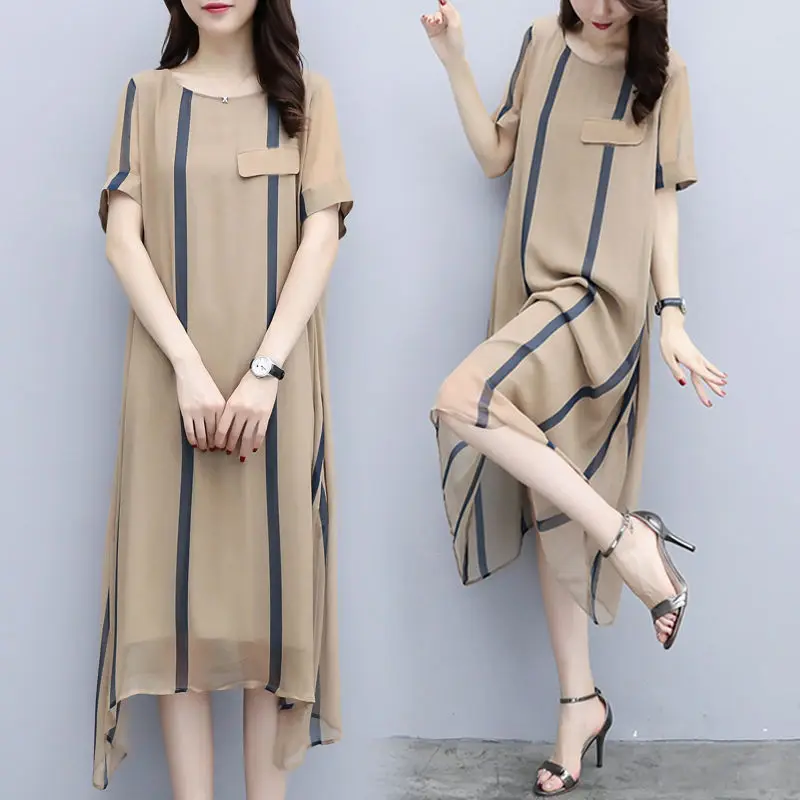 

Dress summer new large chiffon long skirt stripe printing loose thin short sleeve medium length