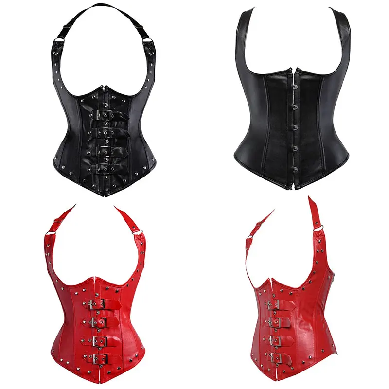 

Oversized ladies sexy dark gothic faux leather PU under bust waist belt spiral steel bone button club wear underwear corset