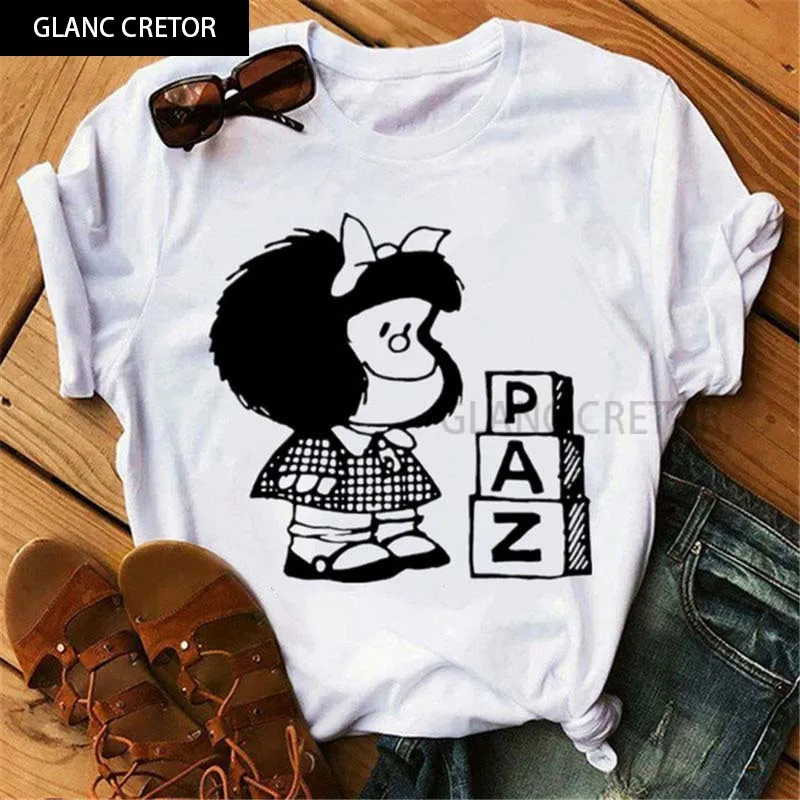 

New Kawaii Mafalda Printed Casual Short-sleeved Shirt Summer Female T Shirts T-shirt Women Cartoon Casual Graphic Tshirts