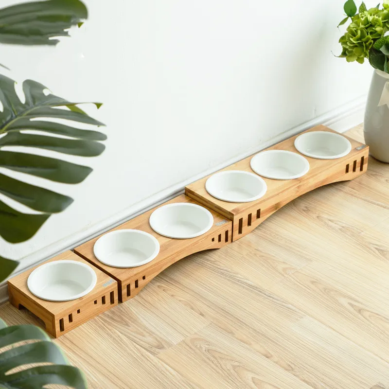 

Solid Wood Pet Dining Table Bowl Pet Wooden Tilted Feeders Dog cat Anti-slip Three Bowls Cat Dish with Slope Stand(Heighten)