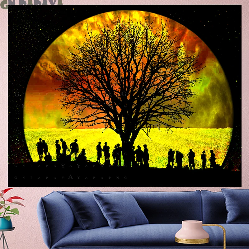 

Psychedelic forest tapestry Wall Hanging Moon night farmhouse decor tropical Branch goblen landscape Polyester black Yoga mat