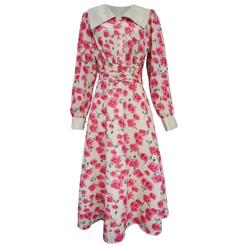 

Palace Retro 2021 Red Spring Flower Print Long sleeve Dress Vintage Woman Peter Pan Collar Ruched Slim Waist Shirt Long Dresses