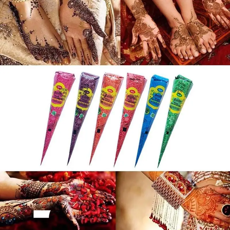 

New Henna Tattoo Paste Black brown red white Henna Cone Art Tattoo Indian Body Cream Sticker Paint For Temporary Cones D7W9