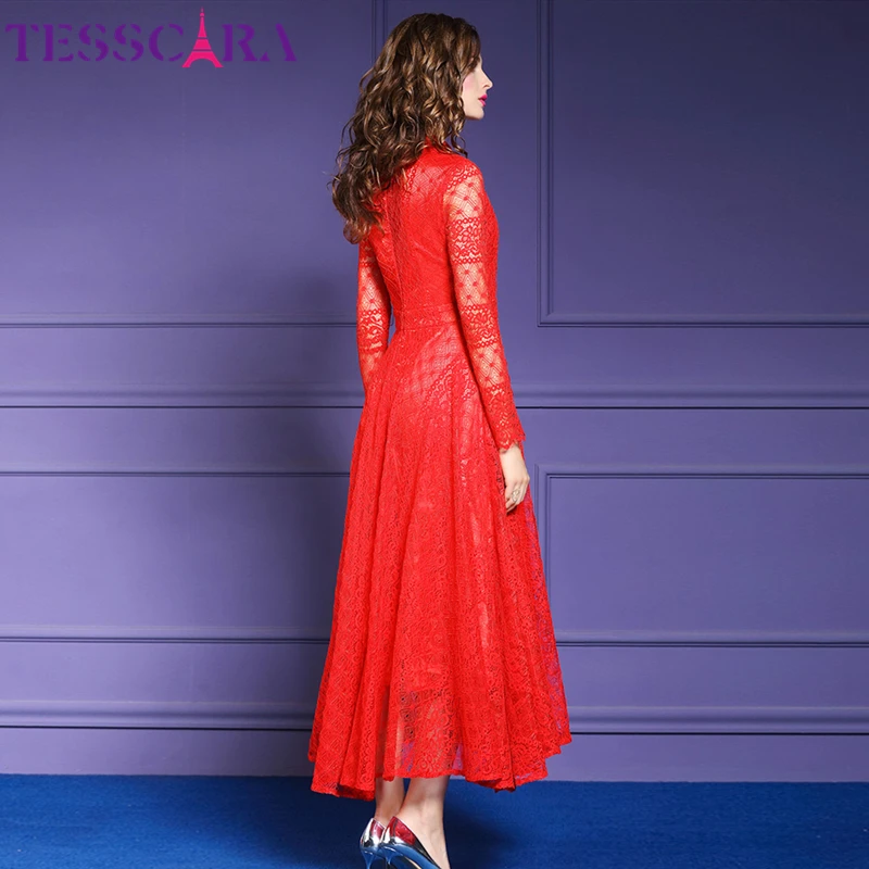 Женское длинное кружевное платье TESSCARA Осеннее винтажное дизайнерское макси