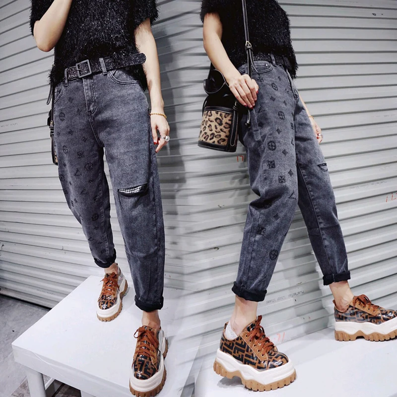 Женские джинсы с высокой талией винтажные шаровары принтом сбоку свободные