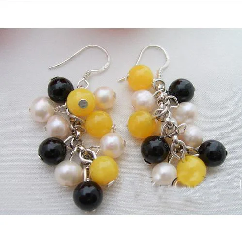 Женские жемчужные серьги из белого пресноводного жемчуга с желтым нефритом