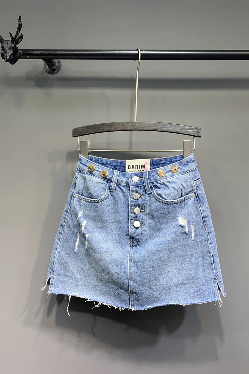 

Jeans Mini Skirt Pocket Blue Women Ripped Summer Casual Bleached DM001
