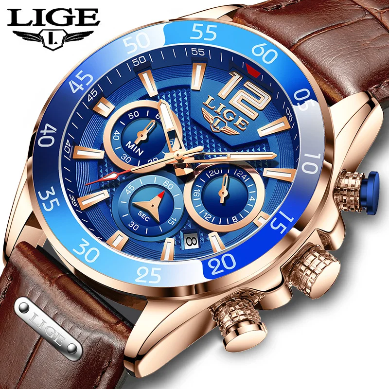 LIGE 2021 Casual Sport Watches for Men Blue Top Brand Luxury Military Leather Wrist Watch Man Clock Fashion Chronograph watch | Наручные