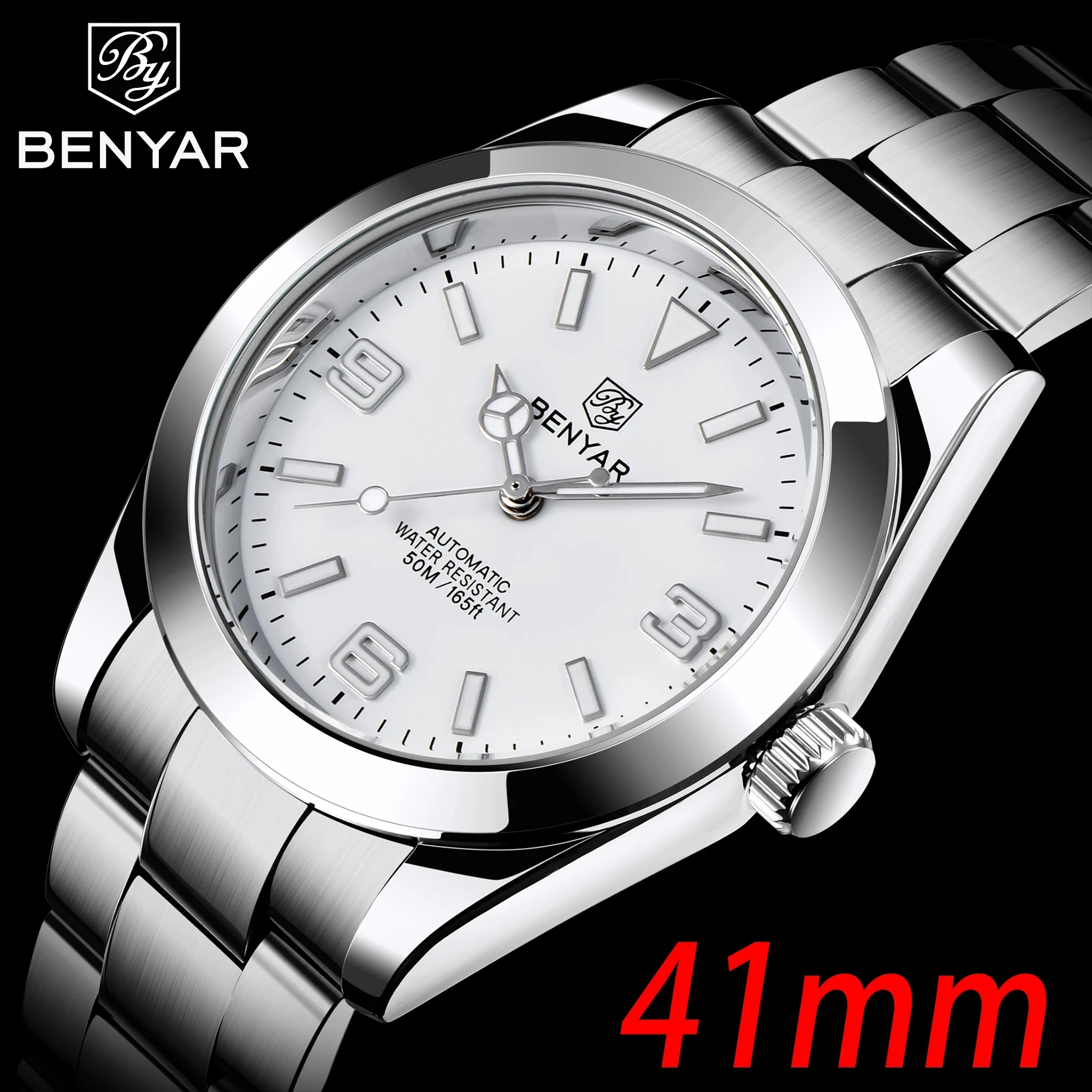 BENYAR Automatic Mechanical Watches Men's Top Luxury Brand 41MM Dial Business Stainless Steel Strap Waterproof Watches Luminous