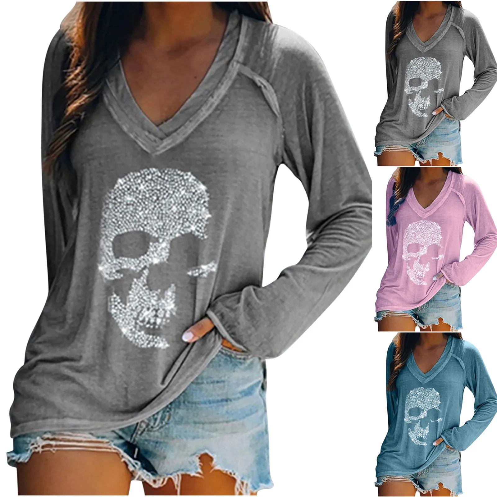 

Autumn Winter Women's Tops 2021 Hot Selling Skull Printed Casual Long Sleeve Pullover Deep V-Neck T-Shirts Loose Ladies Pullover