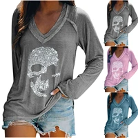 autumn winter womens tops 2021 hot selling skull printed casual long sleeve pullover deep v neck t shirts loose ladies pullover