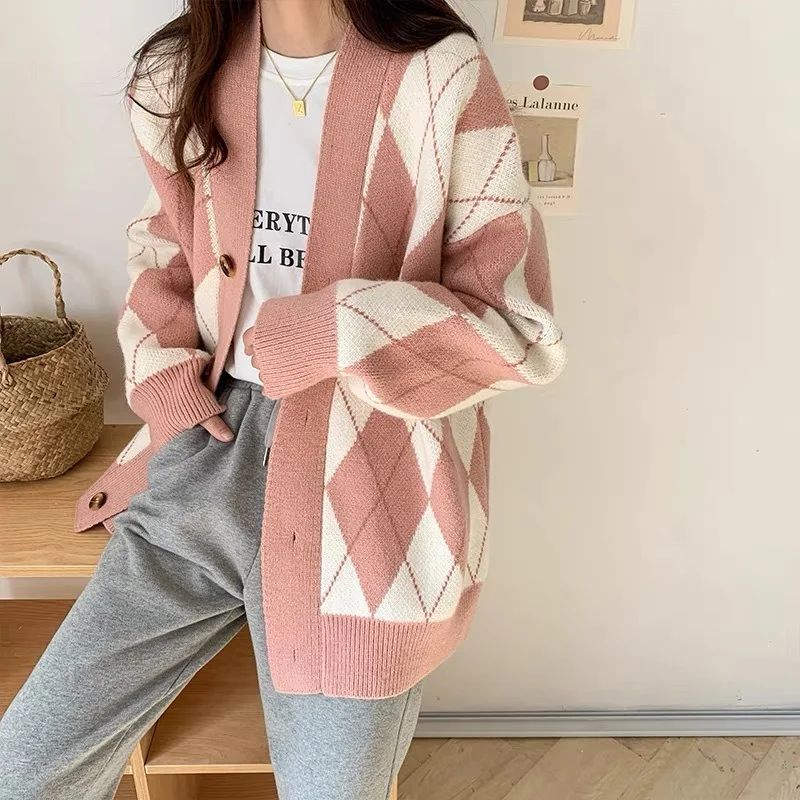 

Women Pink Plaid Argyle Cardigan Thick Knitted Sweater Coat Fall Winter Black Fashion Lazy Oversized Harajuku Midi Cardigan Girl