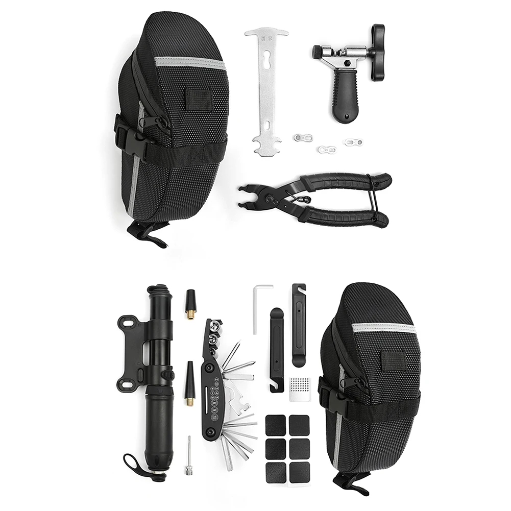 

MTB Bike Saddle Bag with Pump Repair Tool Set 15-in-1 Bicycle Multitools with Allen Wrench Crowbar File Bicycle Repair Kit
