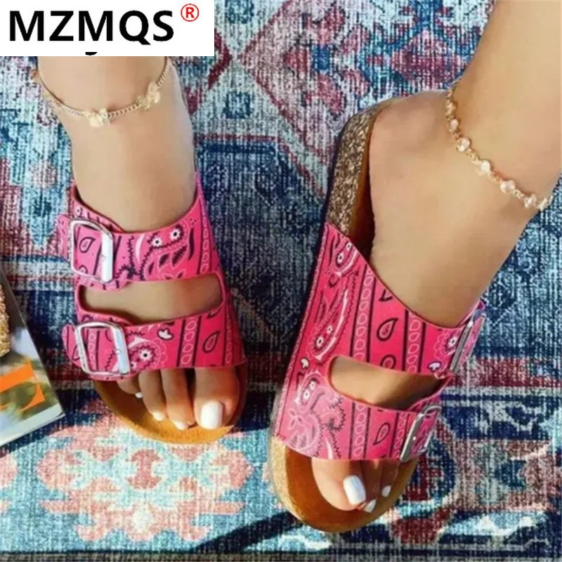 

2021 Summer Women Shoes New Platform Sandals Fashion Retro Buckle Casual Printing Sandals Beach Open Toe Flat Slipper for Woman