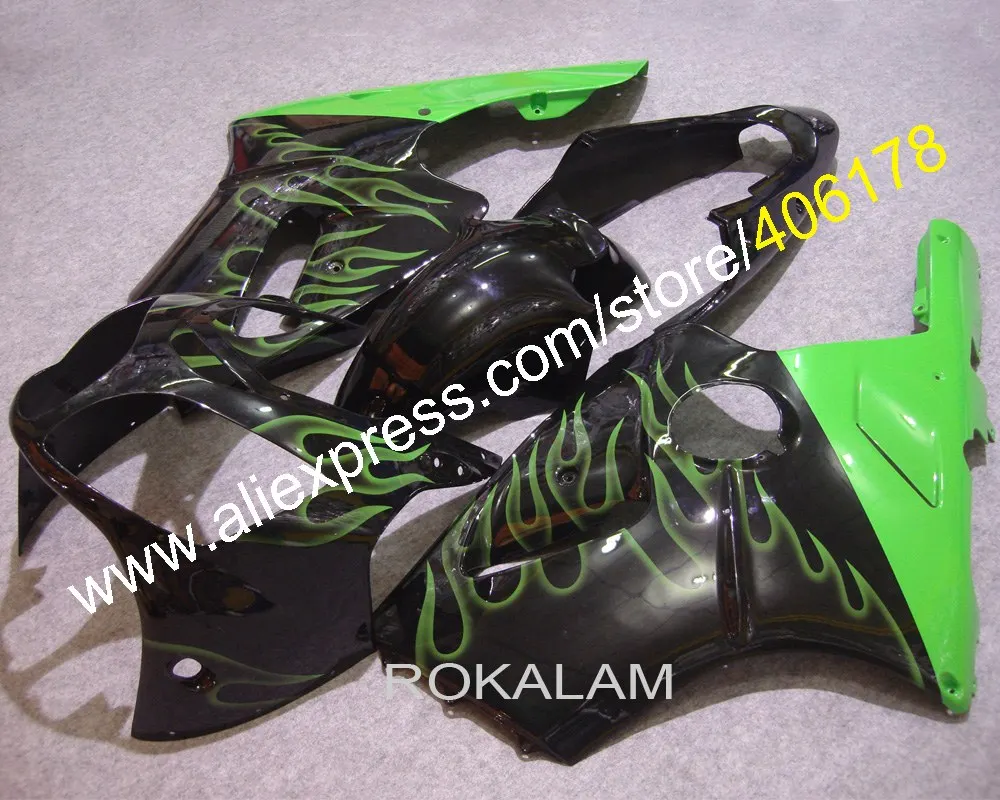 Обтекатели для Kawasaki Ninja ZX12R 2000 2001 ZX 12R велосипеда с зеленым пламенем и черным