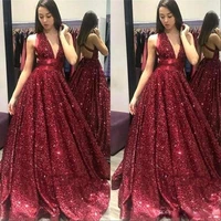 2020 new stylish sparkly burgundy sequined prom party dresses deep v neck ball gown backless sweep train plus size formal