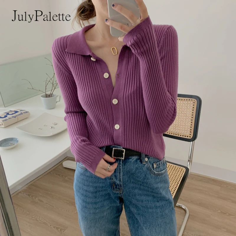 

Однотонный Повседневный вязаный кардиган Julypalette с длинным рукавом, осень 2021, корейские женские однобортные облегающие Короткие вязаные топ...