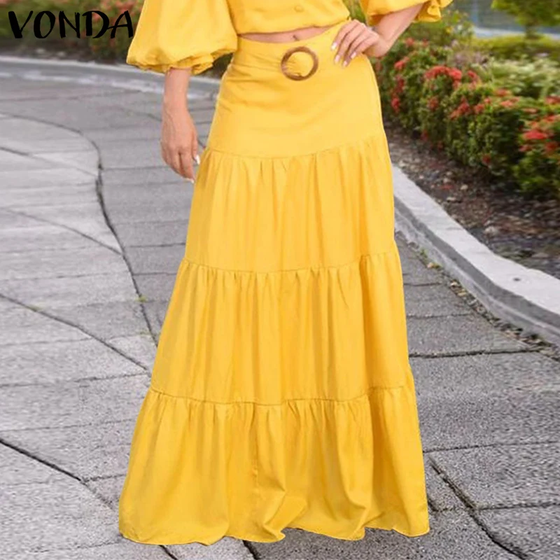 

VONDA 3 Colors Women Elegant Pleated Skirts Summer Solid Long Maxi Skirts Ladies Zipper High Waist Skirt Streetwears