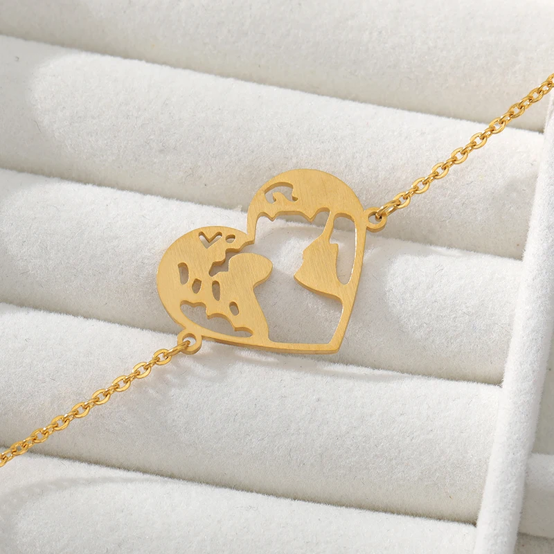 

Stainless Steel Hollow Heart World Map Bracelets for Women Girls Gold Silver Color Bracelet Pulseras Mujer Moda 2019 BFF Jewelry