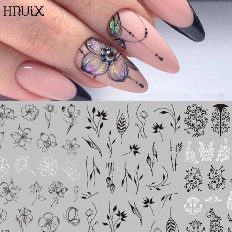 

HNUIX 1pc Black Mandala Flower Nail Stickers Tropical Leaf Nail Art 3D Sticker Butterfly Rose Adhesive Stickers