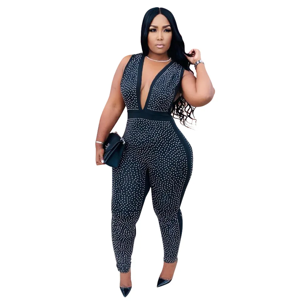 

Deep V-Neck Skinny Sexy Jumpsuit Women Summer Sequins Party Wear Halter Sleeveless Streetwear Outfit Fitness Backless Overalls