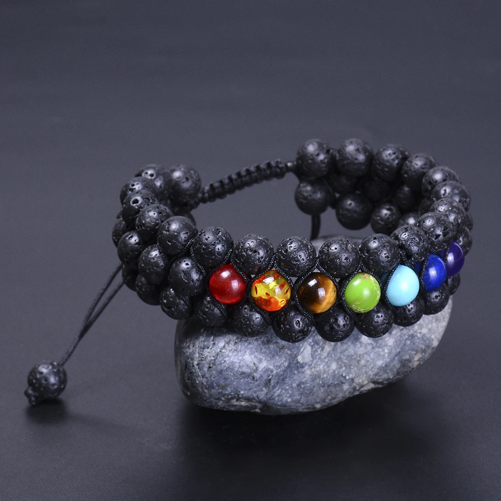 Браслет с чакрами 8 мм 3-слойный браслет из лавового камня регулируемый