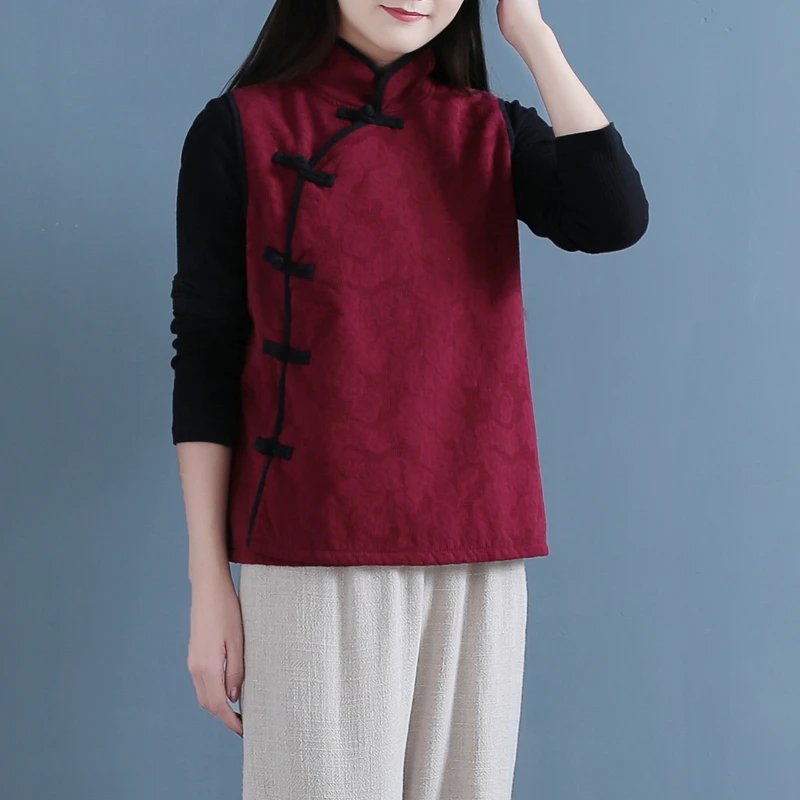 

Women Vest Coat Vintage Cotton Linen 2020 Autumn Winter New Pockets Button Thick Warm Loose Brief Stand Vest Coats FF2463
