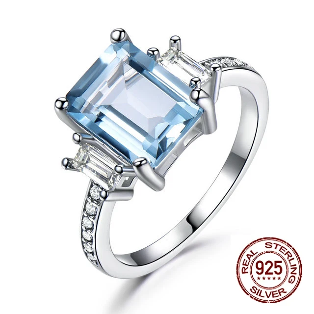 

Luxury Real S925 Sterling Silver Ring Big Sparkling Sea Blue Topaz Fine Jewelry High Quality Ornament Finger Ring Accessories