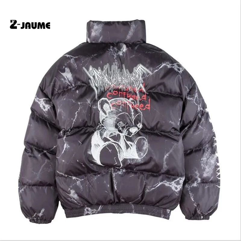 Hot Sale Hip Hop Jacket Parka Hurt Bear Print Men Winter Windbreaker Streetwear Harajuku Padded Jacket Coat Warm Outwear Hipster