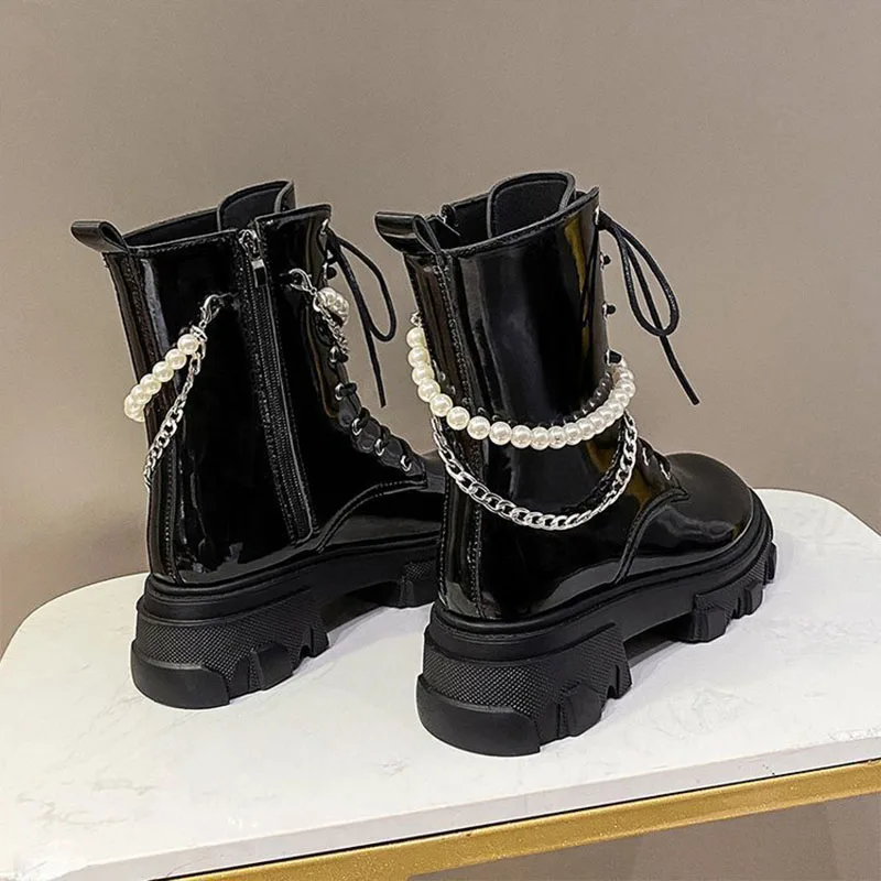 2021 shoes woman Boots Women Chunky Martin Shoes Zipper Cross Strap Pearl Chain Fashion Platform Ankle Boots Thick Heels