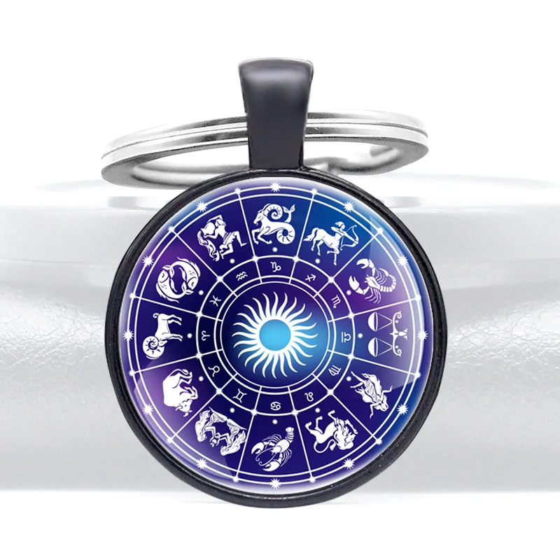 

Twelve Constellations Pattern Glass Cabochon Metal Pendant Key Chain Jewelry Key Rings Fashion Accessories Gift